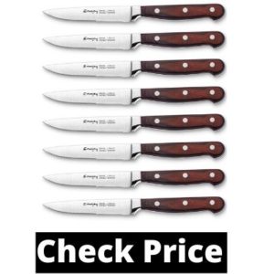 Steak knives, Emojoy Steak knife set, Pakkawood Handle Highly Resistant and Durable, German Stainless Steel Steak Knives Serrated (1 Set of 8-Piece Steak Knives)